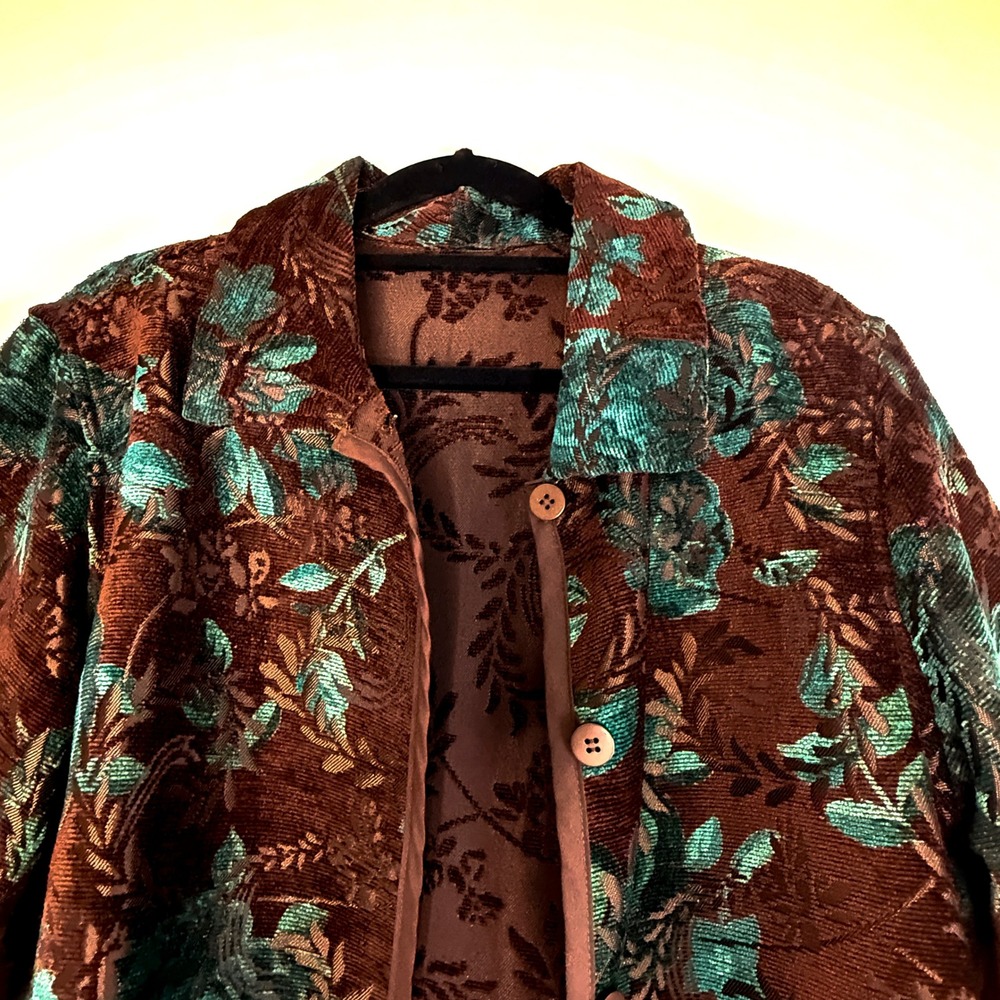 Coldwater Creek Reversible Tapestry Jacket PM Brown Teal Floral Boho Velvet - Picture 5 of 9